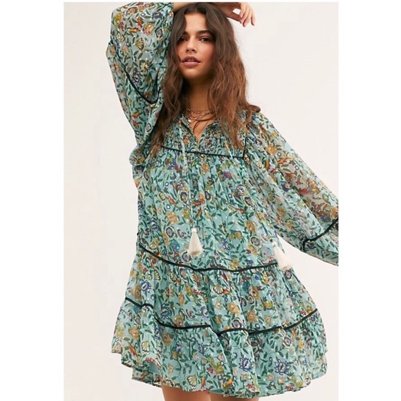 Free People Dresses & Skirts - Free People Swinging Mini Boho Peasant Tiered Ruffle Mini Dress Blue Medium